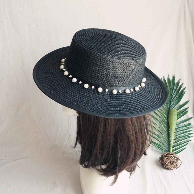 Export Foreign Trade Single Summer Female Japanese Black Flat Top Top Top Hat French Pearl Sunshade Holiday Beach Sun Straw Hat