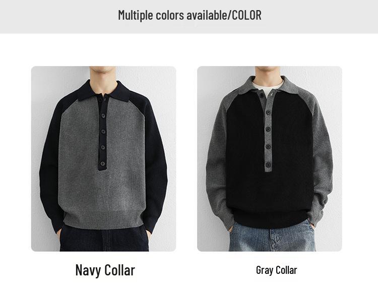 Men's 2025 Color-Block Knit Sweater Coat: Trendy Autumn/Winter Loose, Lazy Style with Half-Button and Turn-Down Collar