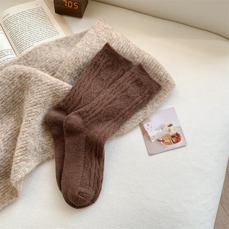 Children'S Wool Socks, Thickened Warm Rhombus Cream Solid Color Medium Tube Socks