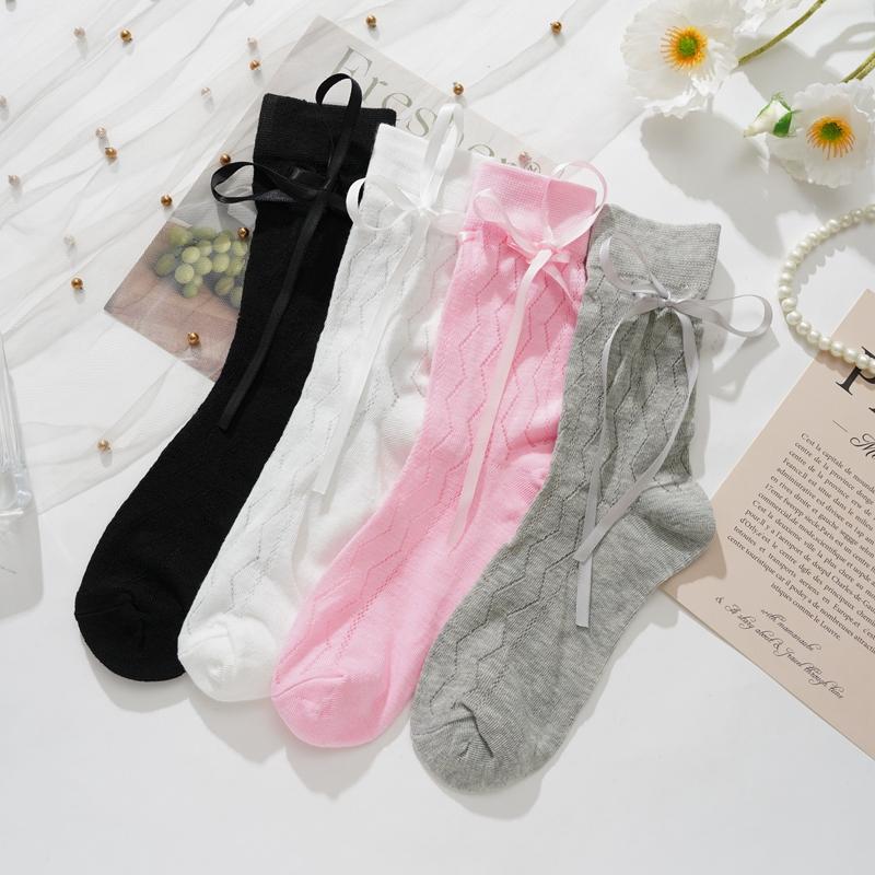 Lange Damen Socken Hohe Qualität Einfarbig Schleife Süße Socken Femme Netz Aushöhlen Niedlich JK Damen Ballett Bequeme Lockere Socken