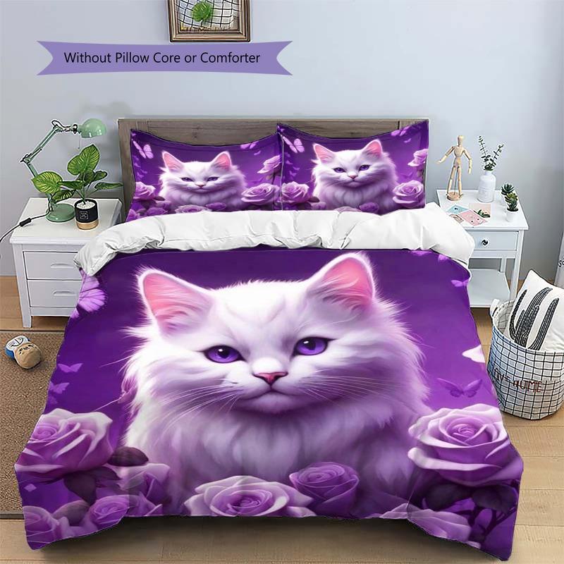 Elegant White Long‑hair Cat Purple Rose Butterfly Print 3 Pieces Duvet Cover Set Pet Animal Bedding Bedroom Home Decor Without Pillow Core Comforter