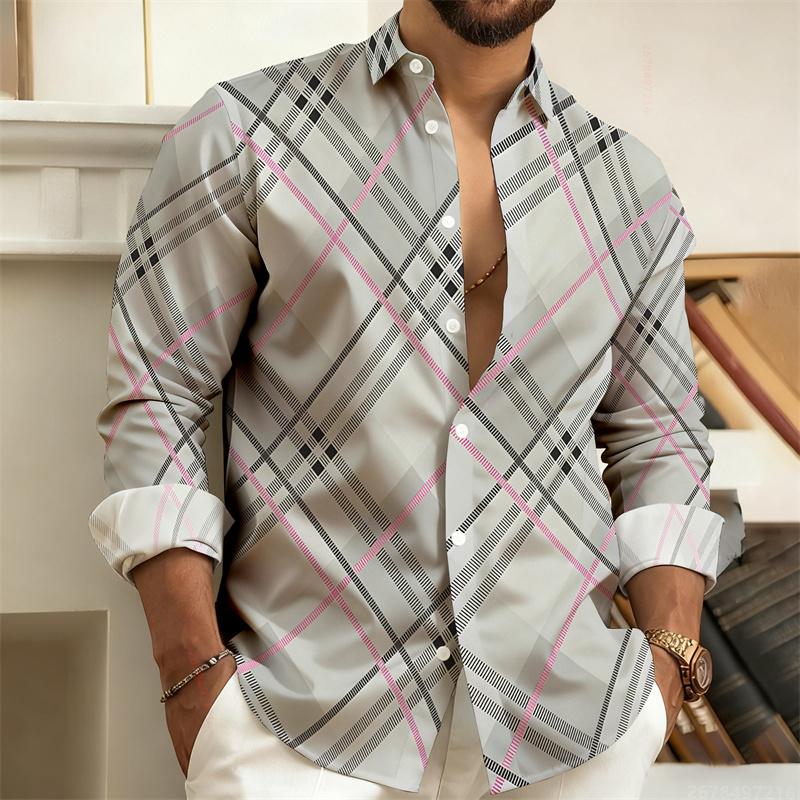 New Men's Shirt with Color Blocking Geometric Stripes, Long-Sleeved, Casual, Outdoor, Street Style, Fashionable Top