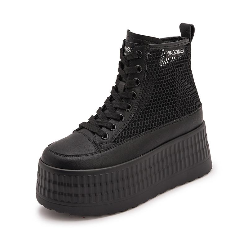 

Платформенные белые женские туфли 2025 новая летняя перфорированная сетка высокие кеды повседневные туфли на маффиновой подошве универсальные с внутренней танкеткой женские туфли 39 чёрный