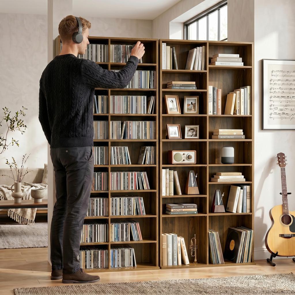CD and DVD Storage Unit, 18 Compartments, 78.5 x 24 x 175 cm, Dark Walnut