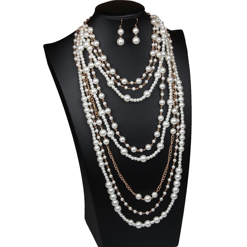 European-American Multi-layer Pearl Necklace & Earrings Set - Women's Long, Elegant Accessories
