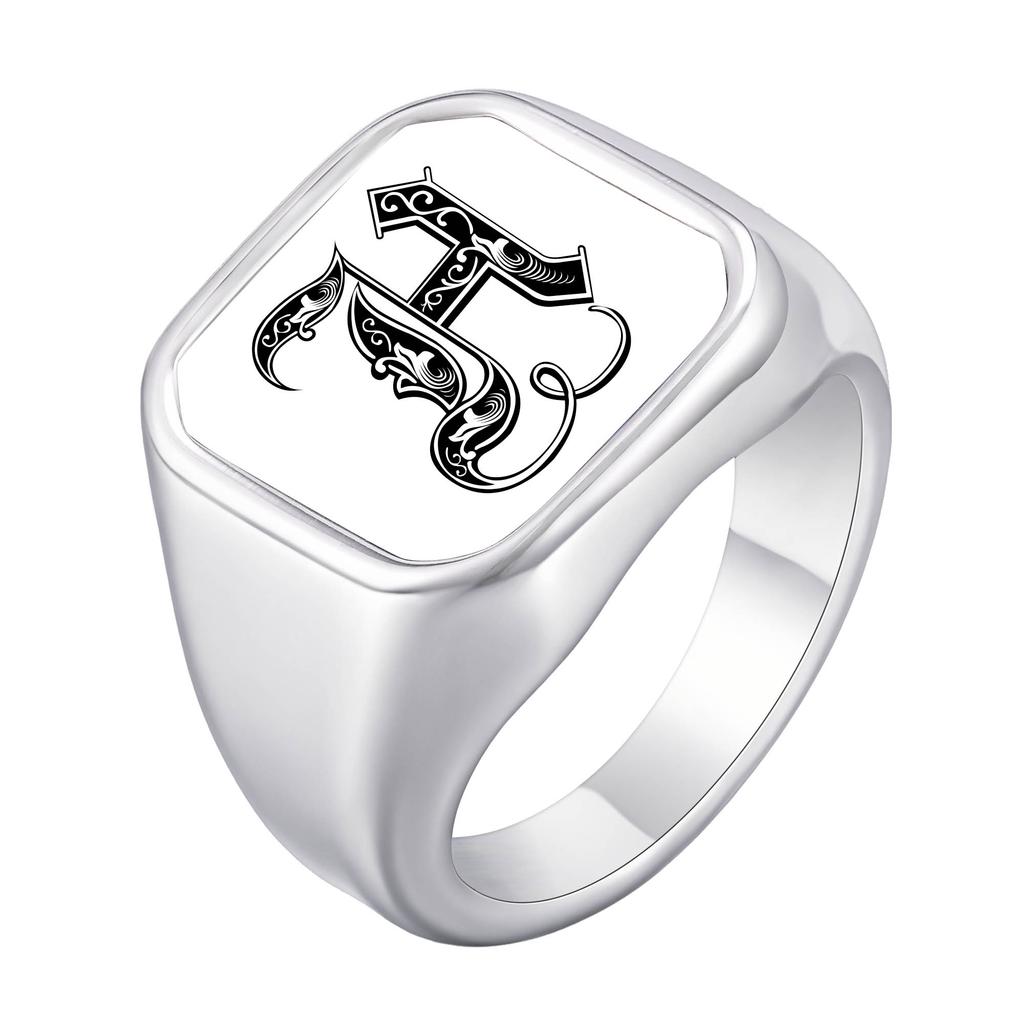Engrave Custom A-Z Initial Picture Rings for Men, Stainless Steel Male Signet Ring, High Polished Finger Jewelry Gift Father Day