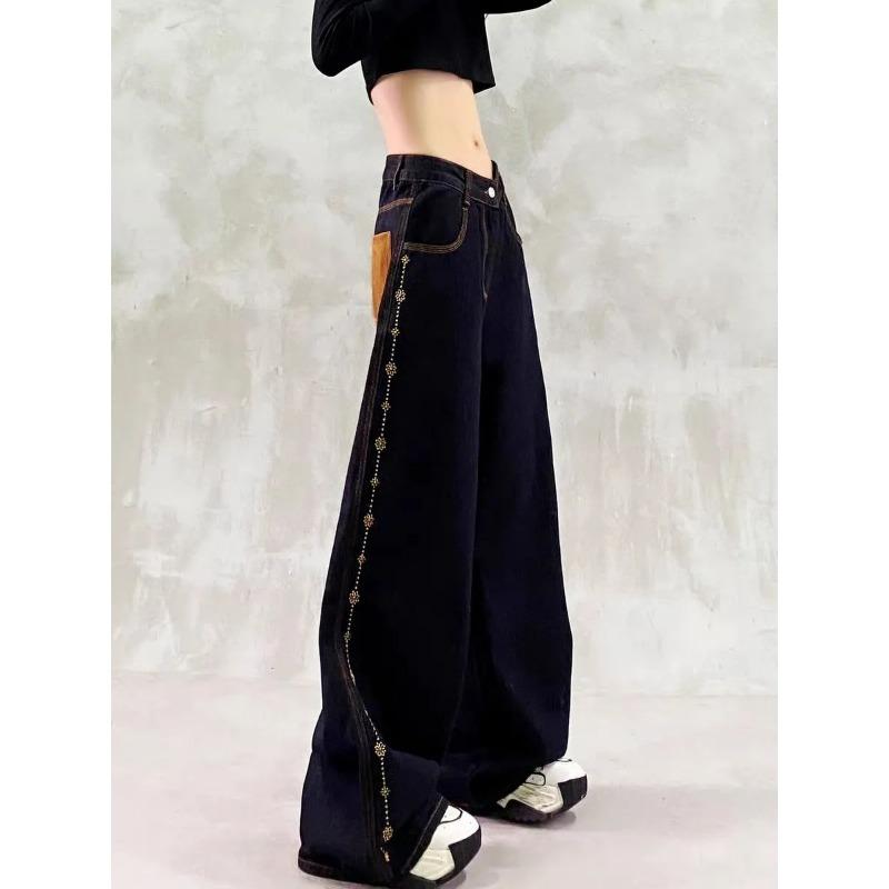

Women s High Waist Wide Leg Jeans Dark Blue Rhinestone Patchwork Denim Pants Casual Streetwear S чорний