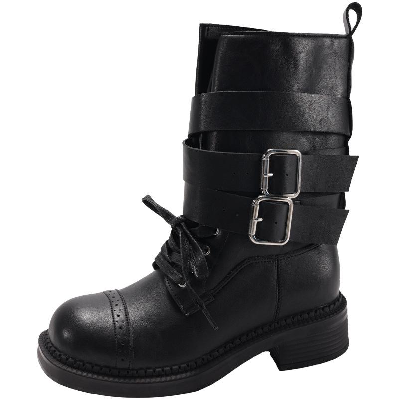 

Женские ботинки и женская обувь нишевая легкая роскошь осень и зима ручная работа ретро, голенище с пряжкой на ремешке, круглый носок, толстая подошва, короткие 40 чёрный