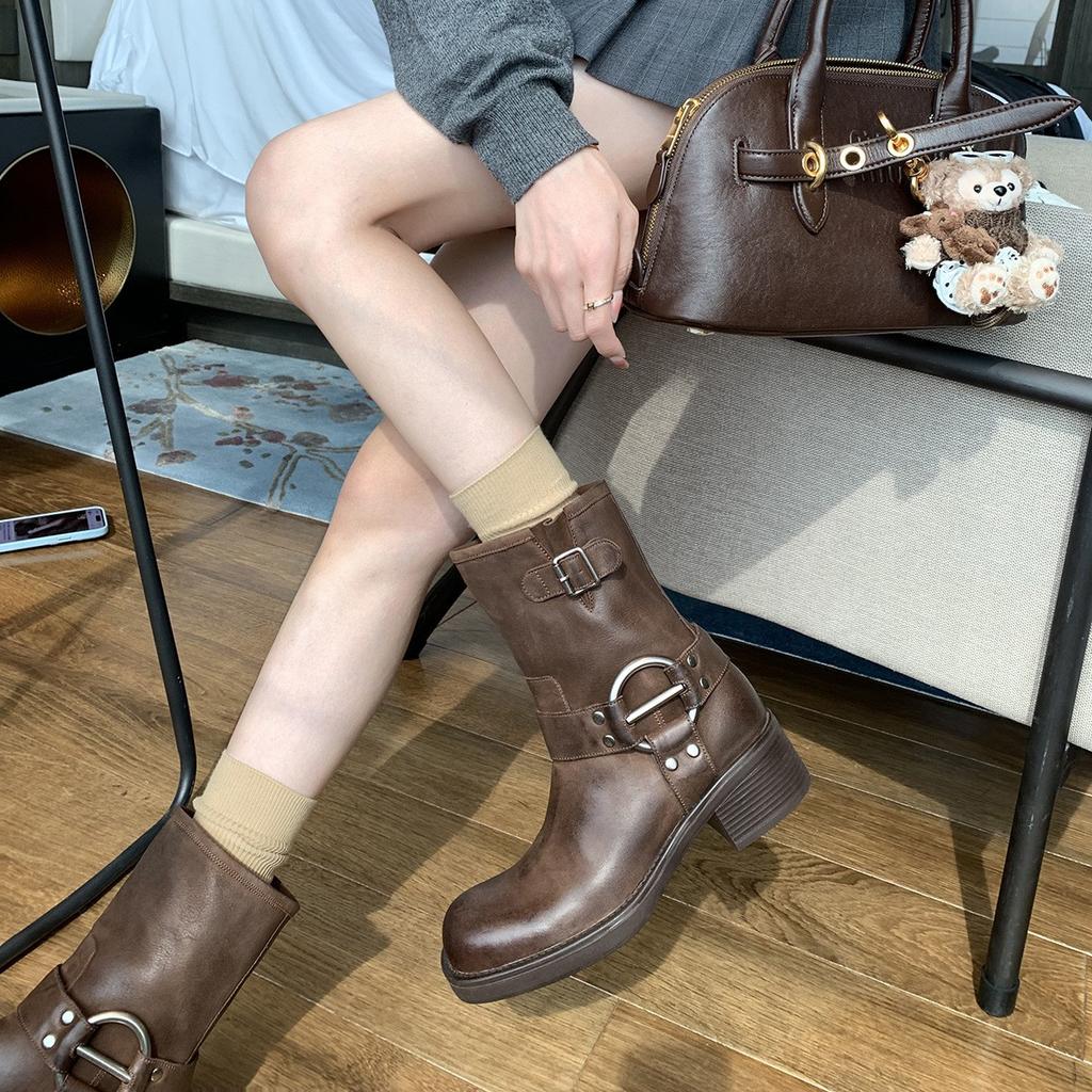 Studiolee metal buckle round head retro leather locomotive thick heel western short boots 2024 new