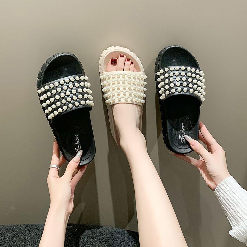 High heel pearl thick bottom one-word drag 2025 autumn and summer new Korean version versatile fashion muffin cool slippers women's wear