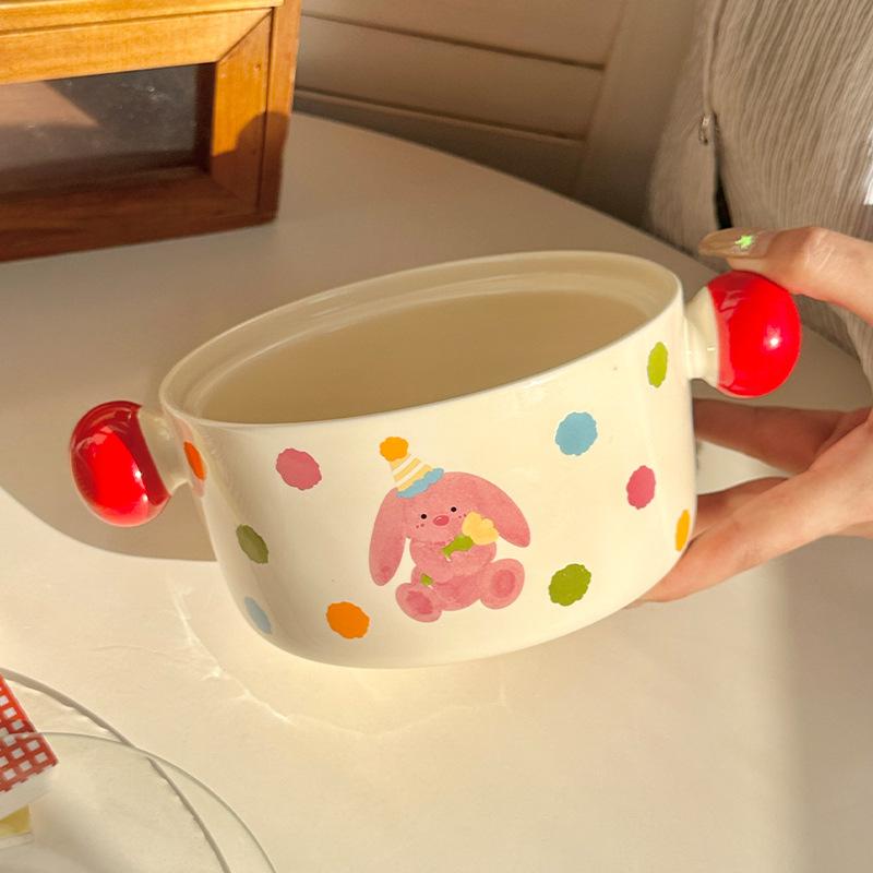 Ins Cream Wind Cute Cartoon Ceramic Binaural Instant Noodle Bowl Snail Powder Bowl Noodle Bowl Soup Bowl with Lid