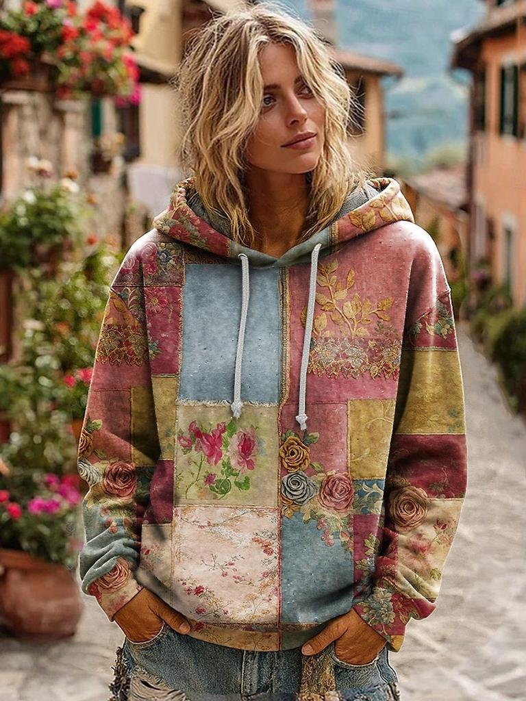 WWomen's Floral Print Flower Hoodie Top Long Sleeve Crew Neck Pullover Sweatshirt