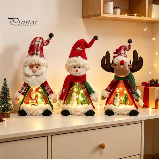 Plush Santa Claus Figurines Lighted Christmas Doll Decoration, Cute Claus/Snowman/Reindeer Figurine with Table Decorations Warm LED Light for Tabletop
