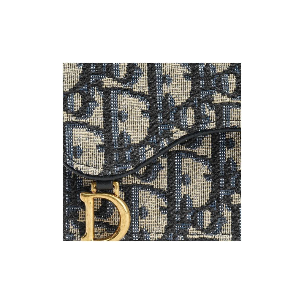 DIOR Classic Oblique Allover Print Embroidered Flap Thin Wallet Leather Card Holder Women's Denim Blue