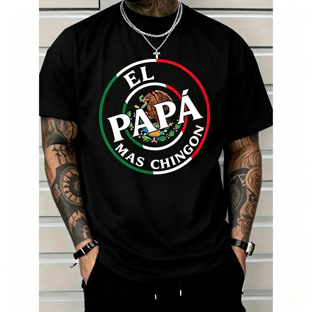 Father's Day El Papa Mas Chingon Funny Mexican Dad Premium T-shirt Short Sleeve Graphic Tees for Men Black Huggy
