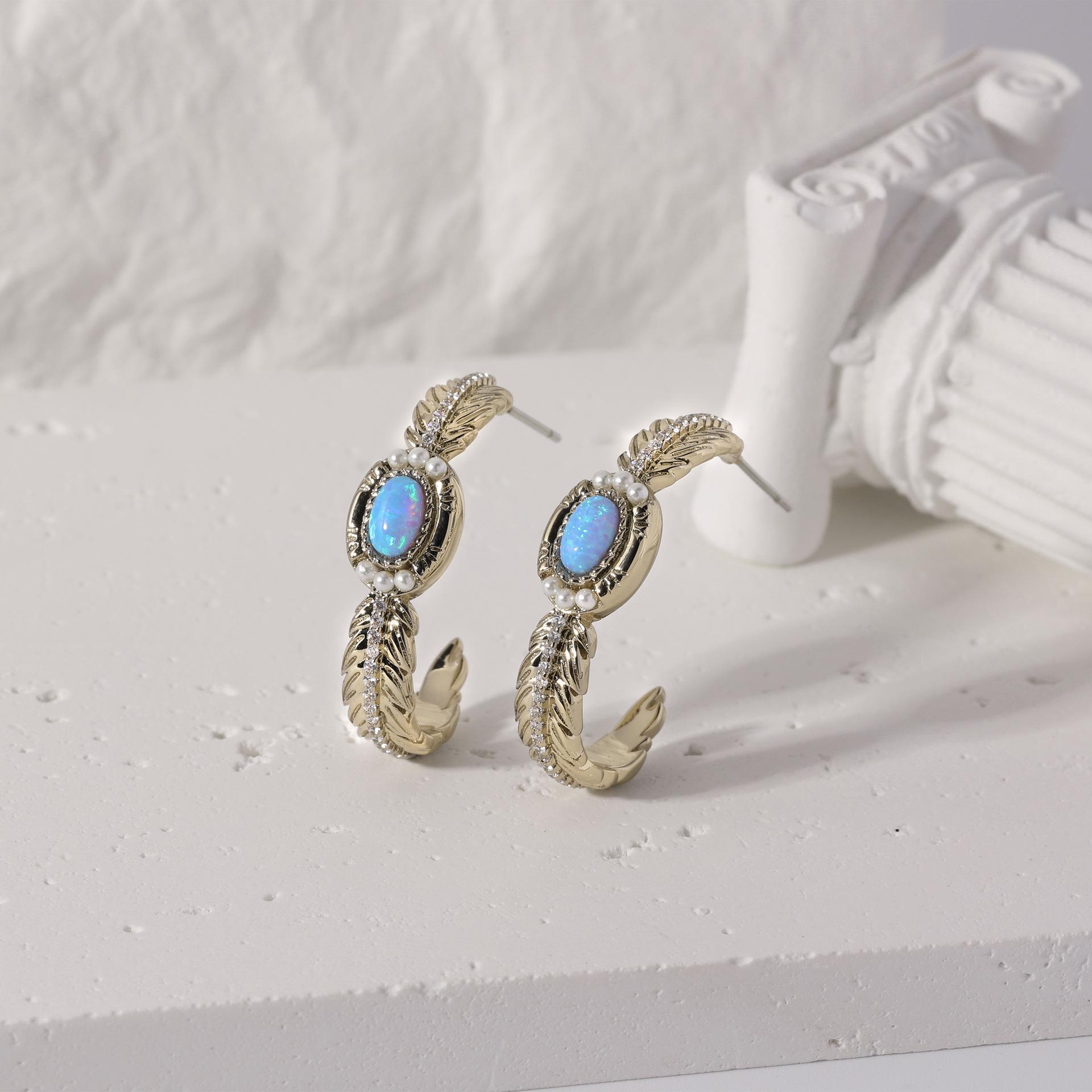 

Mexican Copper-Plated Gold & Blue Opal Earrings: Retro European Fashion Statement