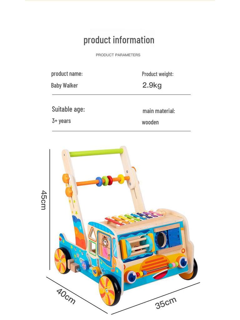 Baby Wooden Push Walker with Building Blocks, Xylophone, Puzzle, and Matching Toys