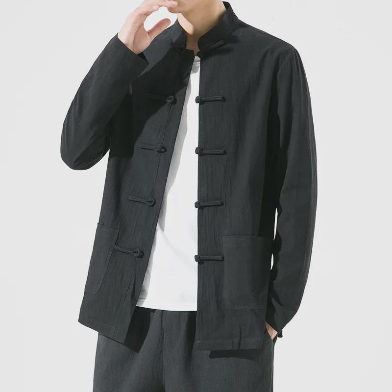 Herr Långärmad Vit Tangzuitröja - Retro Kinesisk Stil Hanfu med Ståkrage och Knappar
