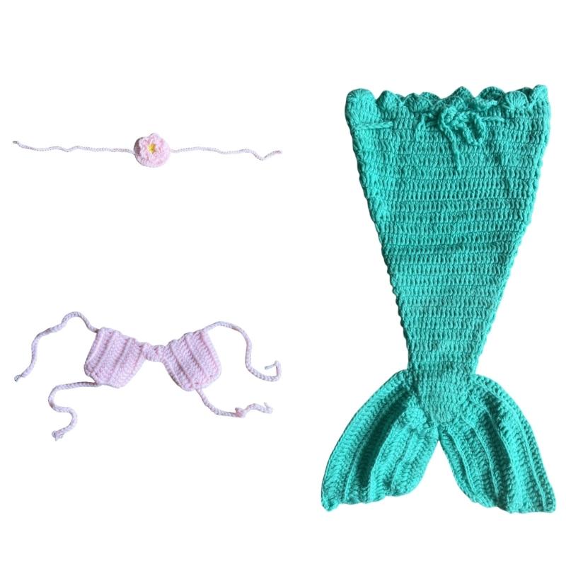 Soft Knitting Baby Sea-maiden Costume Chest Flower Headwear for Capturing Beautiful Moment In Newborns Photography