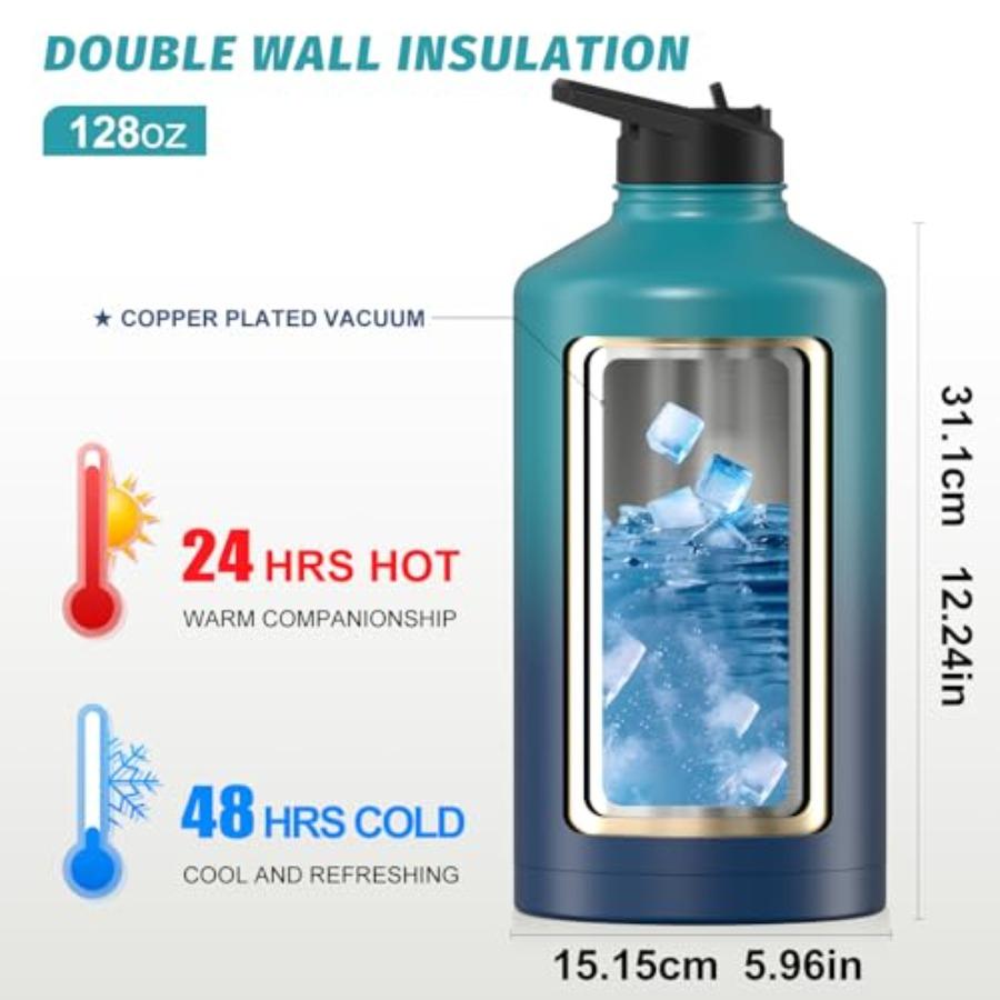 1 Gallon Insulated Water Bottle BPA Free Leak Proof 128oz Stainless Steel Large Water Jug with Straw Spout Lid Gradient Blue fo