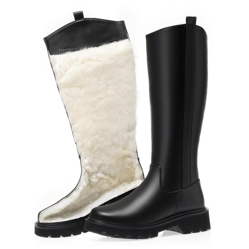 Winter boots women's leather flat-bottomed high boots thickened wool high boots thick-soled large cotton long boots large size women's cotton boots