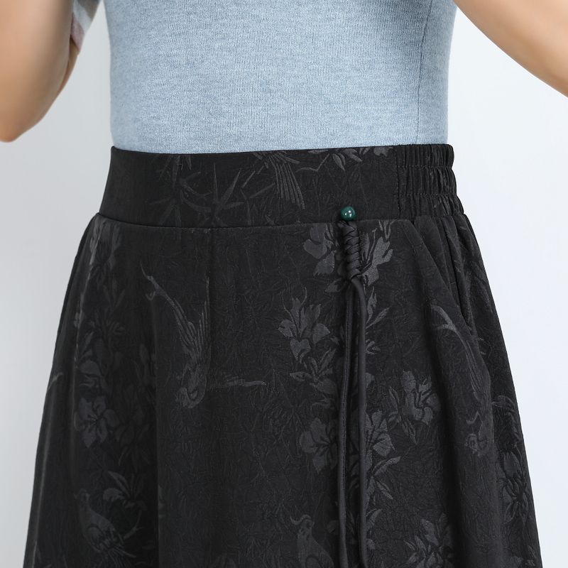 Damen Jacquard Midi Rock im chinesischen Stil, hohe Taille, A-Linie, mit Taschen