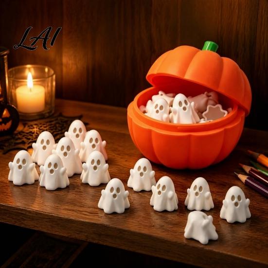 Cute Ghost Figurine Pumpkin Bucket with Mini Ghosts Halloween Candy Bowl Figurines Party Snack Holder for Farmhouse Home Table Centerpiece Desktop