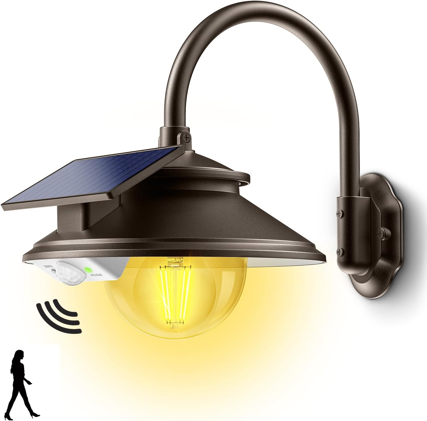 

Solar Barn Lights 3 Modes 2 Lighting Ways, Gooseneck Farmhouse Wall Light Waterproof with Remote Control/Motion Sensor 1 Pack