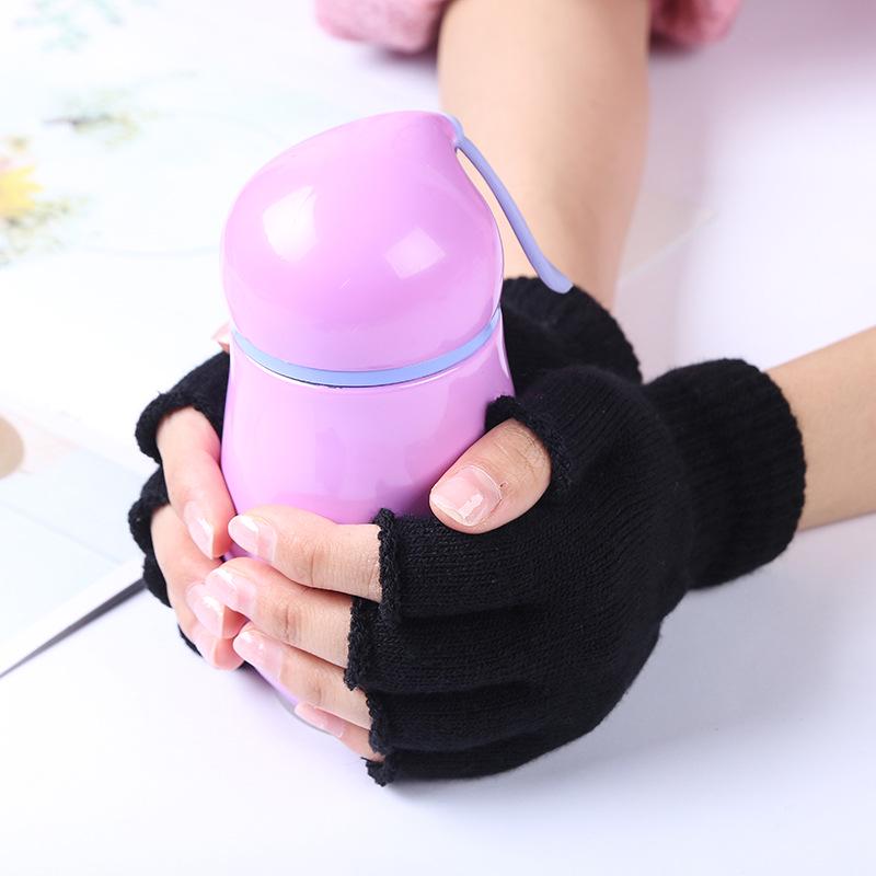 Autumn/Winter Warm Acrylic Knit Half-Finger Solid Color Office Gloves