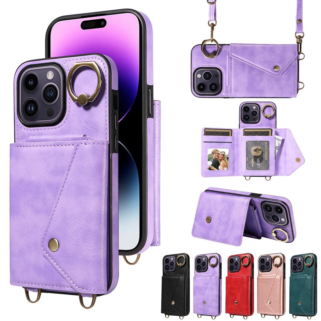 For iPhone 14 Series.for iPhone 14,14 Plus,14 Pro,14 Pro Max Shoulder Strap Rope Ring Bracket Design Card Holder Slots Lichee Pattern Cover Phone Case