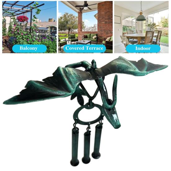 Windspiel aus Metall mit fliegendem Drachen und 3 Röhren, natürliche, beruhigende Melodie, für Garten, Terrasse, Außenbereich, Vintage-Drache, hängende Windglocke, Dekoration, Ornament