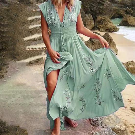 Women Dress Floral Print Lace-up Summer Bohemian Vintage Maxi Dress for Beach