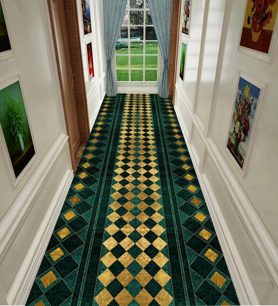 Modern Green Geometric Long Carpets Hallway Anti-slip Stairway Floor Mat Washable Luxury Rugs for Living Room Aisle Customizable