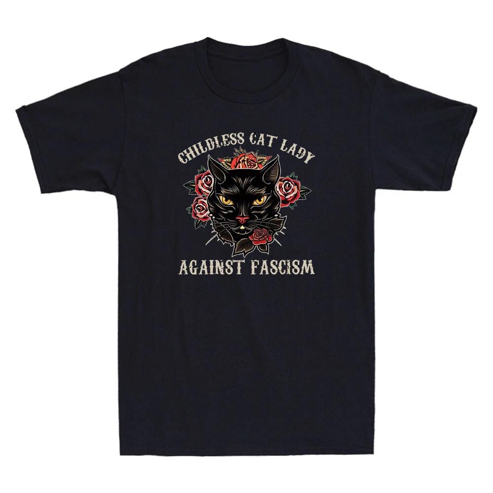 Childless Cat Lady Against Fascism Funny Cat Meme Feminist Quote Vintage T-Shirt M