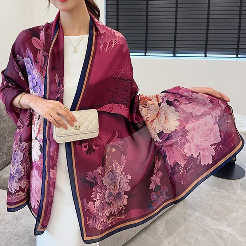 Peony flower luxury scarf women's goods new silk scarf long large size travel shawl sun protection
