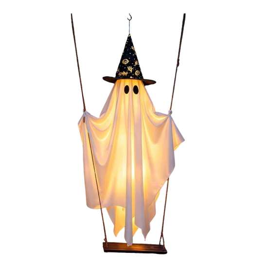 Lighted Spooky Ghost Decor Halloween Swing Hanging Decoration, Witch Hat Ornament with LED Battery Powered String Light, Remote Control Light-up
