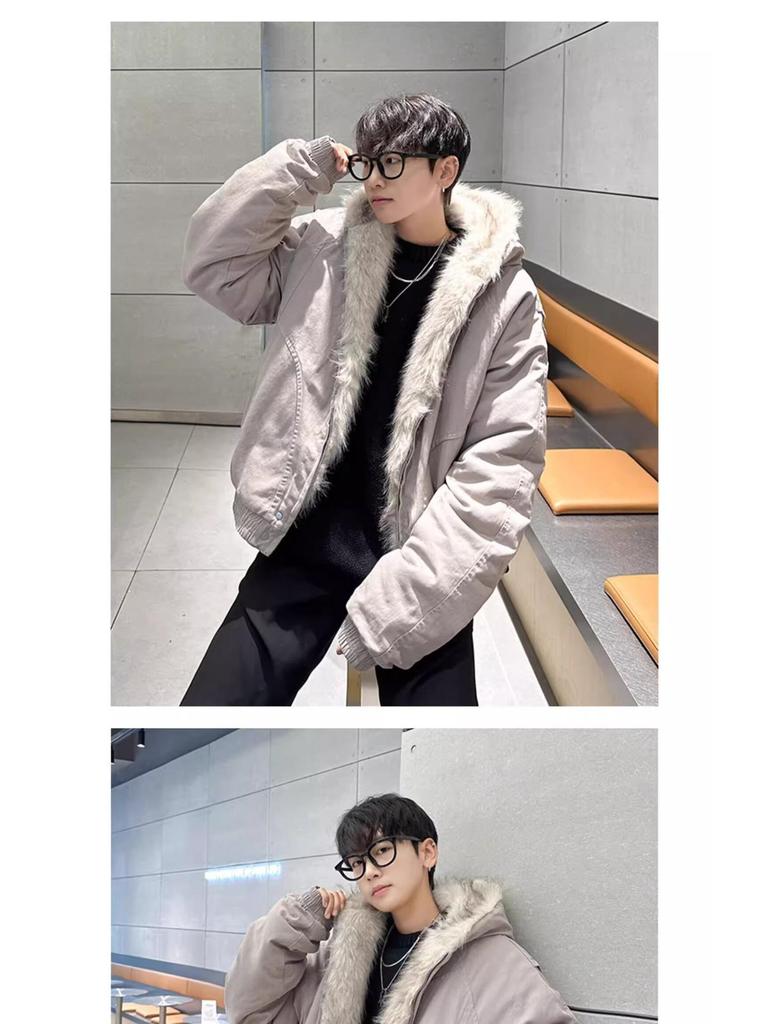 Men's American Short Hooded Cotton Jacket, Winter Luxury, Thick and Warm with Fur Collar.