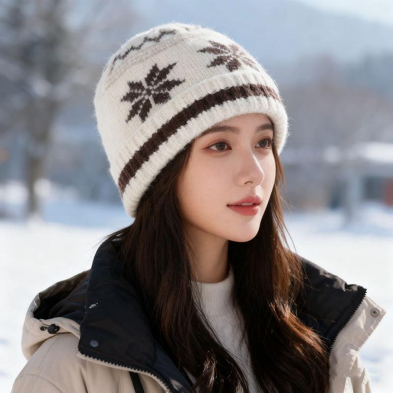 Autumn and Winter Snowflake Jacquard Knitted Hat Women's Warm and Cold-proof Fashion Versatile Ear Protector Color Matching Wool Hat
