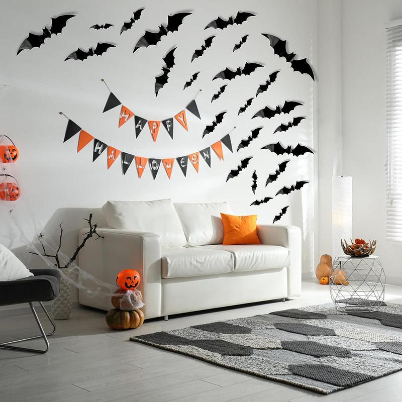 Halloween Bats Wall Decor Waterproof Bat Decals Wall Decor 96pcs Scary PVC Bat Stickers For Wall Door Front Porch Outdoor Indoor