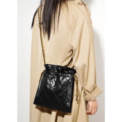 Leather Drawstring Bucket Bag Hand Bag Rhombus Chain Cowhide Handheld Shoulder Folded Bag