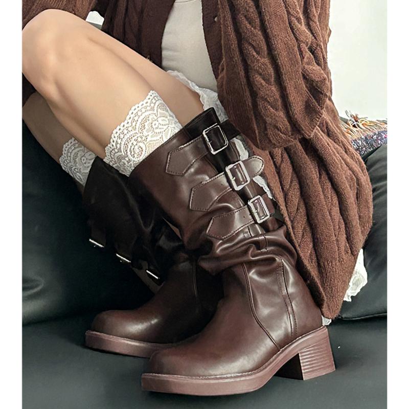 

Винтажные зимние женские ковбойские сапоги в стиле вестерн, модные рыцарские сапоги с пряжкой на поясе, элегантные женские сапоги на толстом каблуке 37