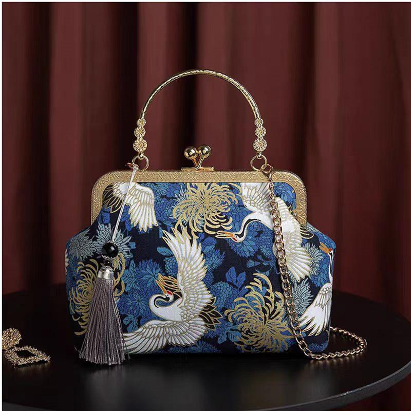 Chinese Style Hanfu Qipao Bag Polyester Vintage Handbag Crossbody Purse with Metal Clasp Retro Shoulder Bag for Women
