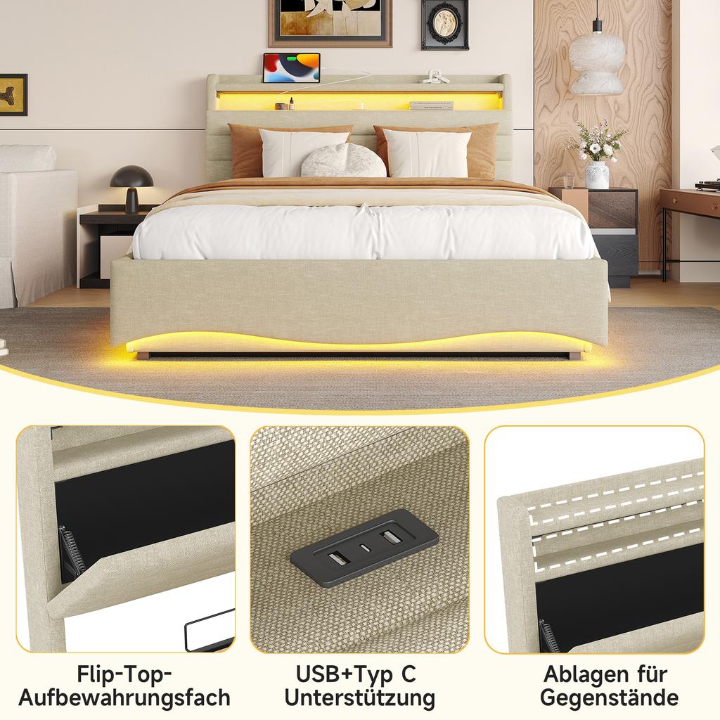 Upholstered Bed, 140 x 200 cm, without Mattress, LED Lighting, Hydraulic Mechanism, USB and Type-C Ports, Storage Compartment, Linen Fabric, Beige