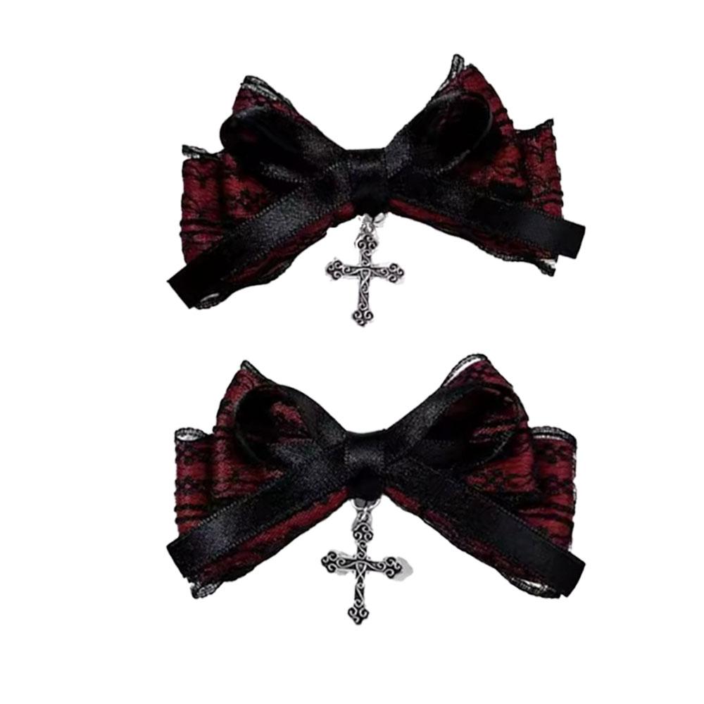 2pcs Gothic Style Bow Hair Clip Sweet Cool Hair Accessories Cosplay Black Wine Red Lace Hair Alligator Clips Barrette