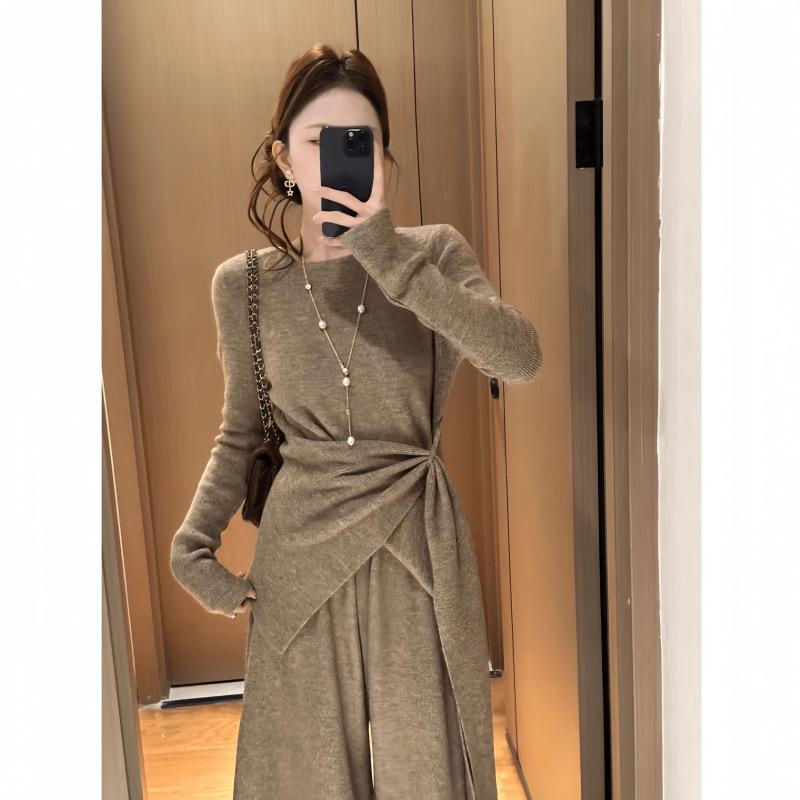 

Korean Style Tie-Up Knit Top & Pants Two-Piece Set - Autumn/Winter Versatile Casual Wear Large хаки