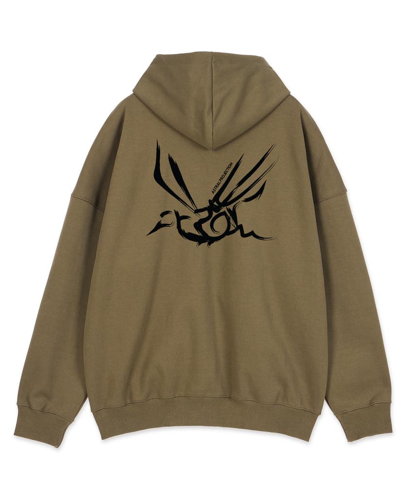 Astral Projection Crows Oversized Wide Shoulder Zip-Up Hoodie_Green Brown