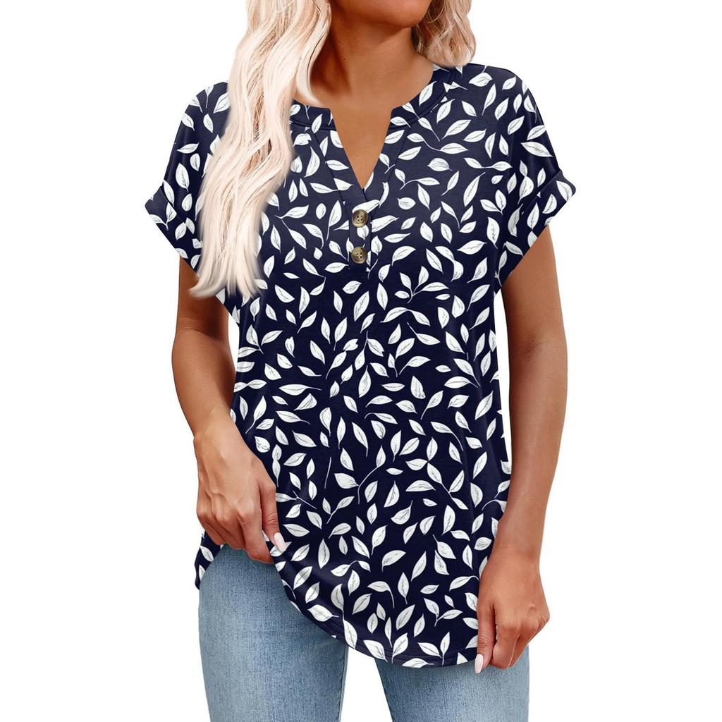 Dámský módní ležérní krátkorukávový svetr s výstřihem do V, na knoflíky, s potiskem