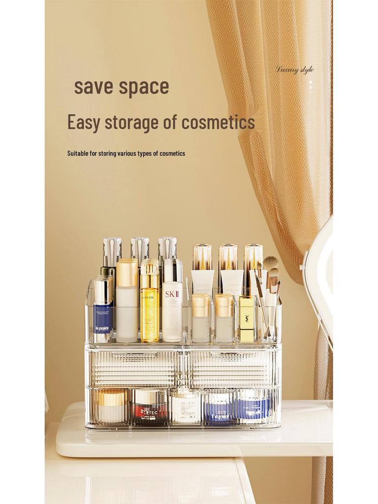 Elegancki dwuwarstwowy pyłoszczelny organizer na kosmetyki z uchylnym wiekiem na makijaż i pielęgnację skóry.