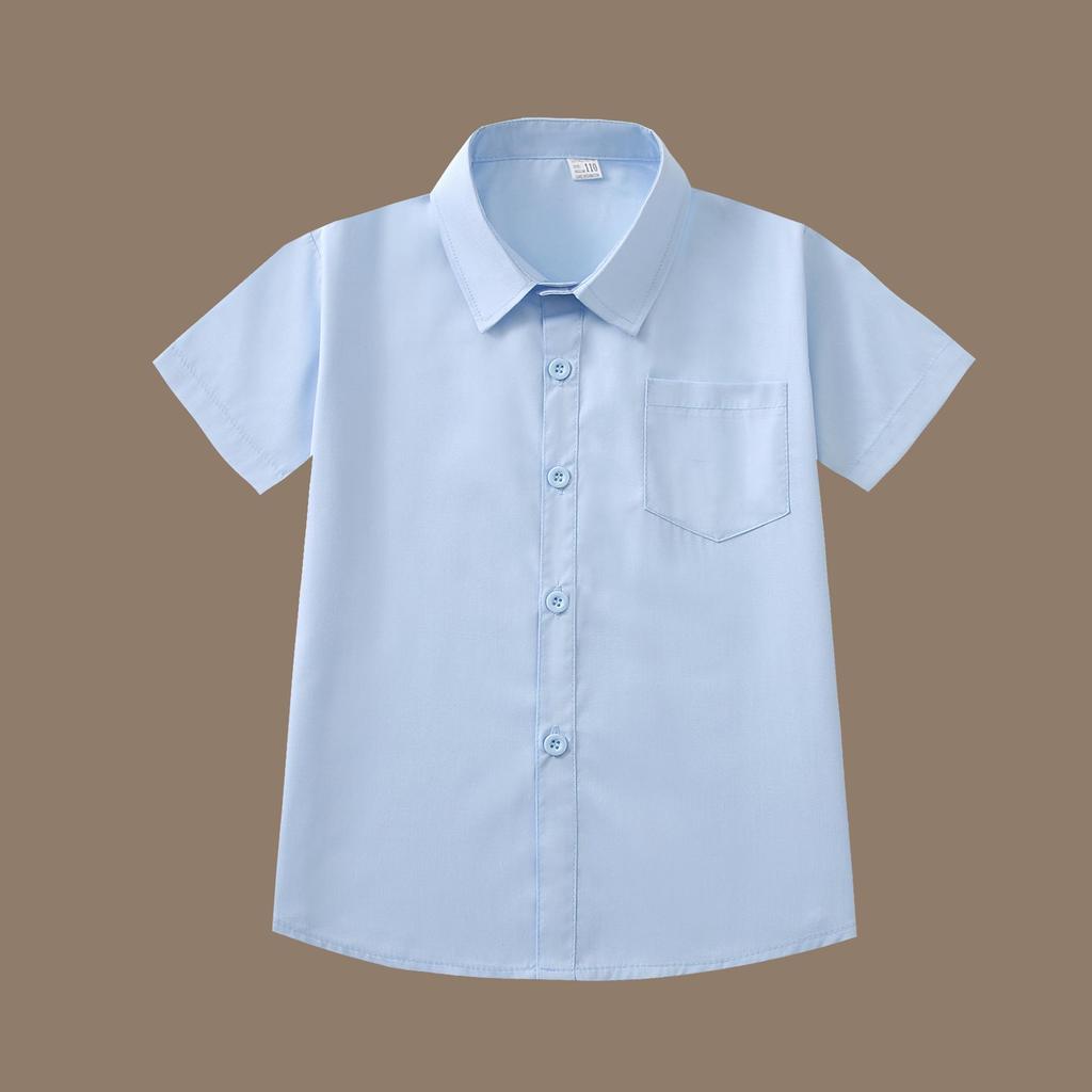 Boys' Blue Short-Sleeve Uniform Shirts - High Color Fastness, Shrink and Wrinkle Resistant