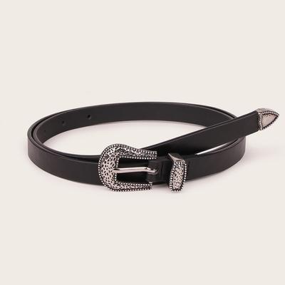 New Women's Thin Belt Black Dress Versatile Thin Belt Carved Western Buckle PU Women's Belt
